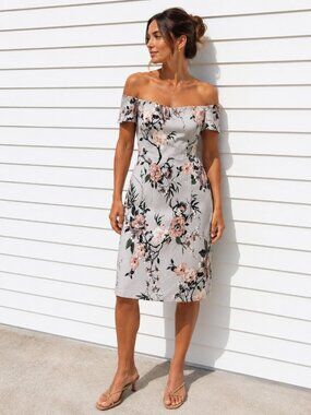 Artex Off-Shoulder Bodycon Dress Soft Grey Floral Print Summer Dress Medium